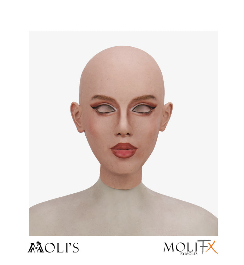 Close-up of the Amelia Soho Makeup SFX-Level silicone female mask by InTheMask by MOLIS, showcasing realistic facial features and smooth texture.