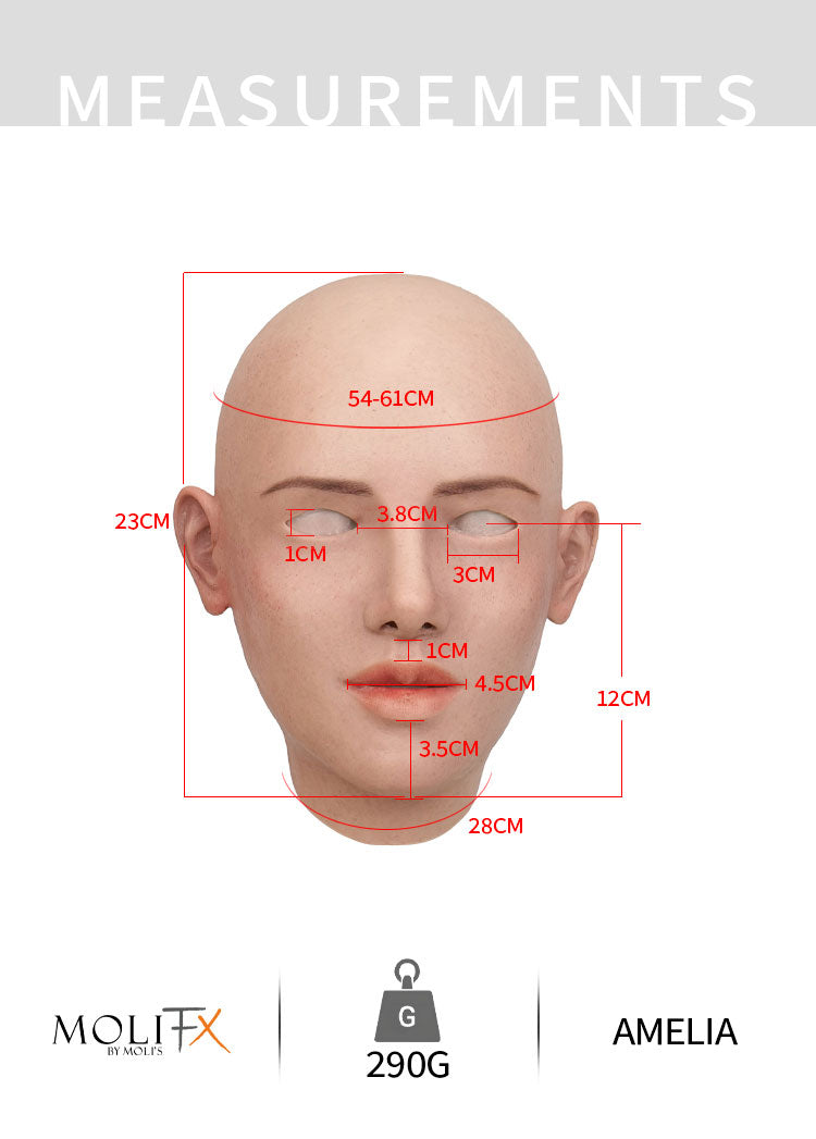 Close-up of the InTheMask MOLIS "Amelia" SFX-Level silicone female mask showing detailed facial features and realistic skin texture.