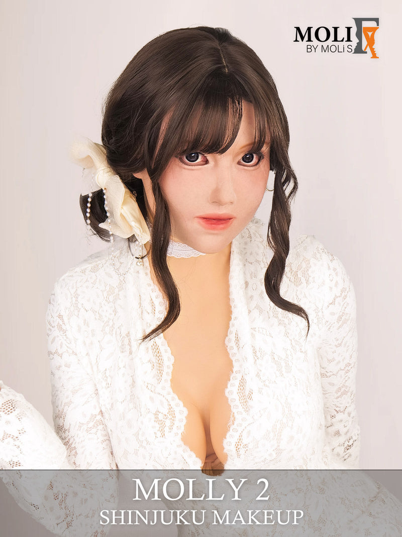Close-up of the InTheMask Molly2 Shinjuku Makeup silicone female mask by MoliFX, showcasing realistic facial features and skin texture.