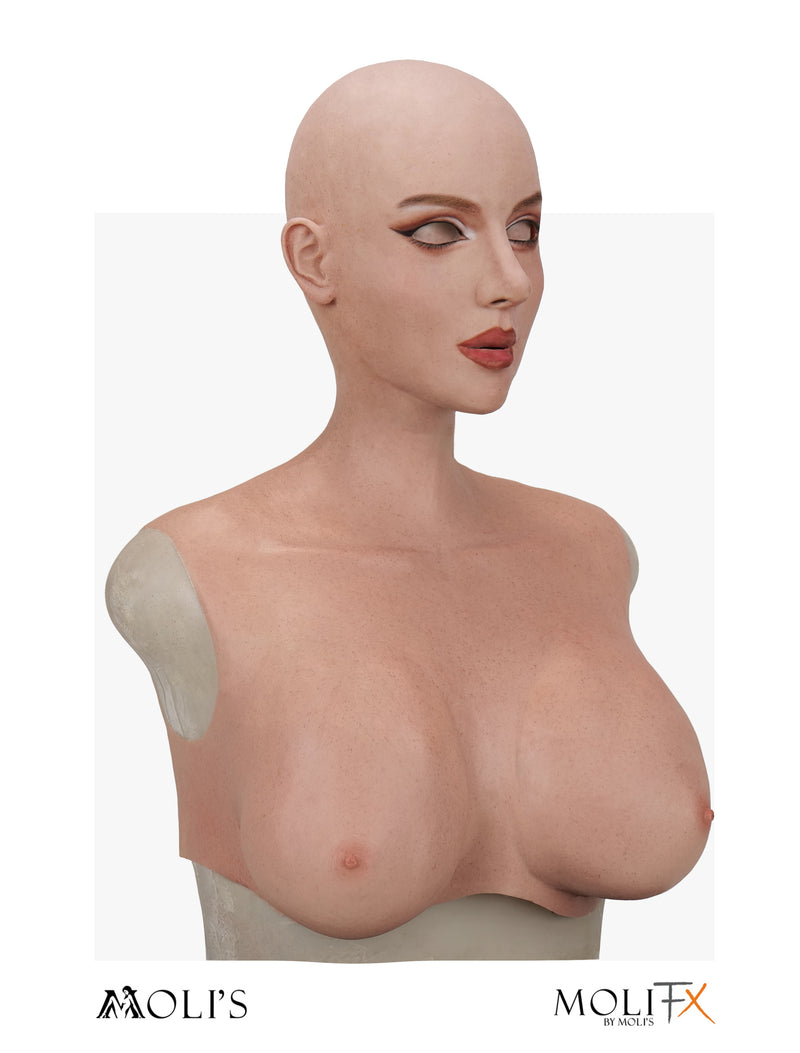 Silicone female mask from InTheMask by MOLIS, Amelia Soho Makeup SFX-Level, featuring realistic facial details and makeup effects.
