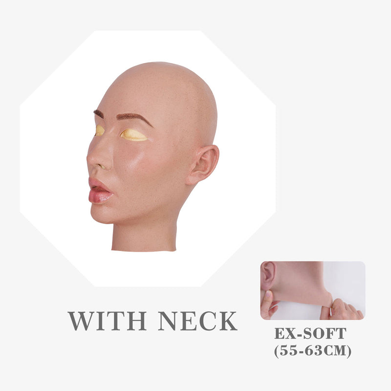 Silicone female mask titled “Molly S” in tan from Inthemask by Moli's, featuring realistic facial details and smooth silicone texture.