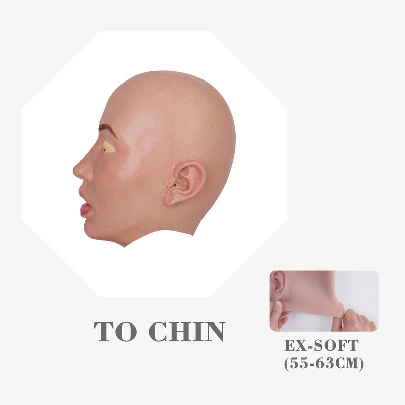 Silicone female mask titled "Molly S" in tan from MoliFX by Inthemask, showing detailed facial features and realistic skin texture.