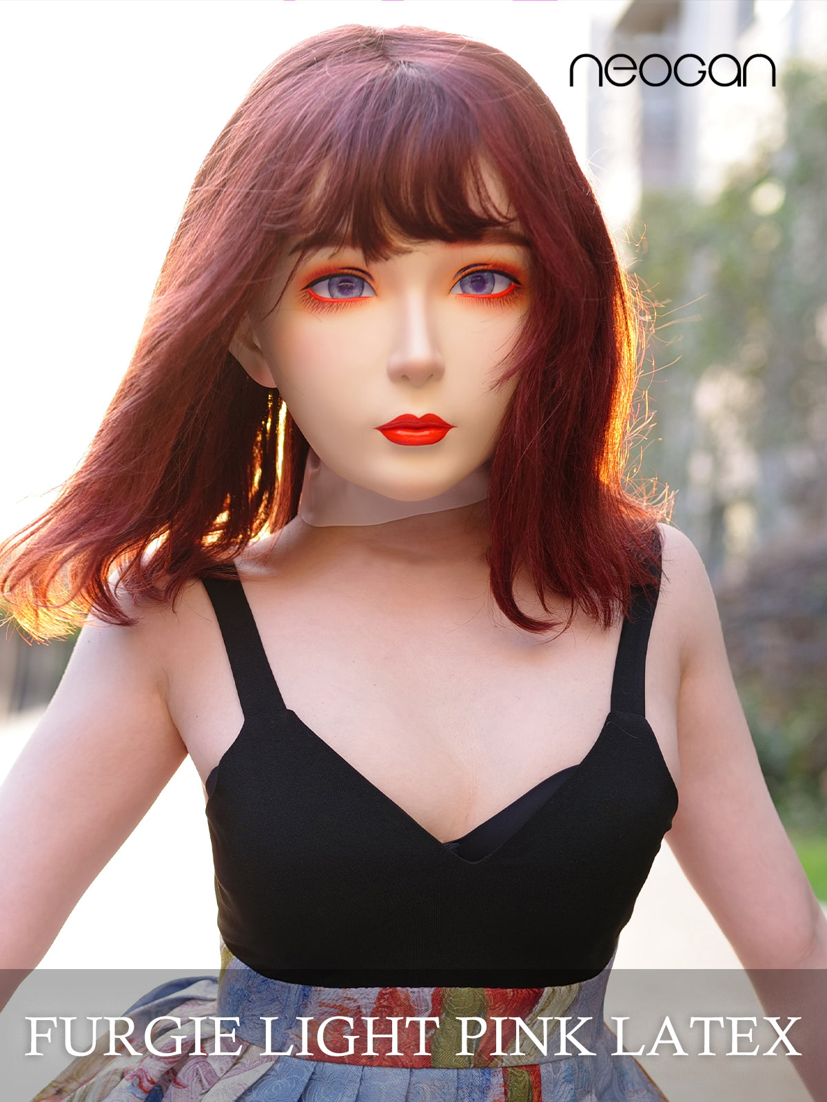 Furgie female doll mask by InTheMask, nude latex with hood and optional mouth gag, detailed latex costume accessory.