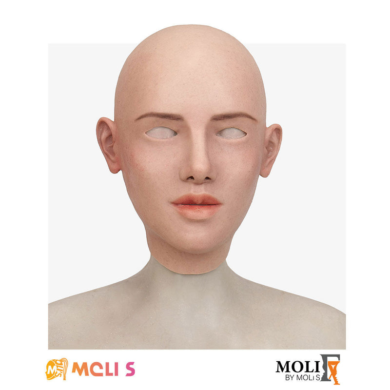 Silicone female mask named Amelia by InTheMask, featuring realistic facial details and natural skin tone from MoliFX.