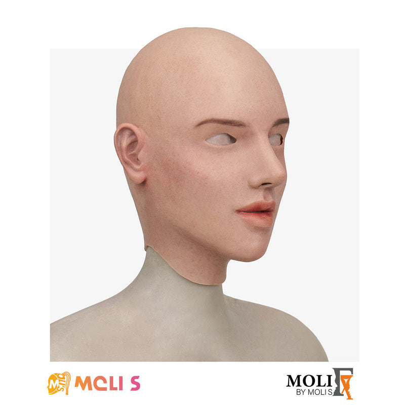 Silicone female mask named Amelia by InTheMask by MOLIS, detailed facial features, realistic skin texture, and expressive eyes.
