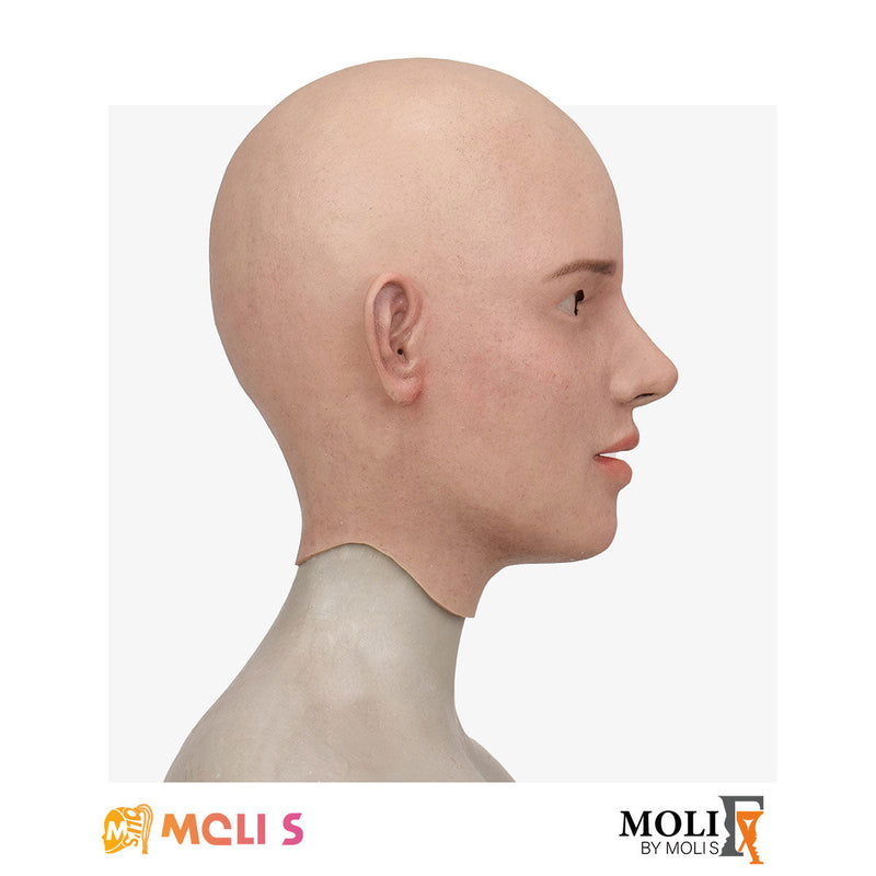 Silicone female mask named Amelia by InTheMask by MOLIS, featuring realistic facial details and natural skin tone.