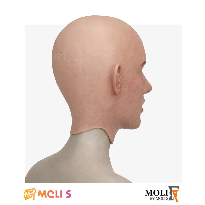 Close-up of the "Amelia" silicone female mask by InTheMask by MOLIS, showcasing realistic facial features and detailed craftsmanship.
