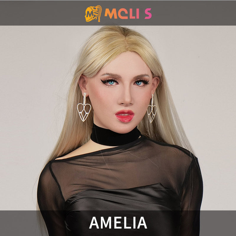 Silicone female mask named Amelia by InTheMask MOLIS, detailed with realistic facial features for special effects or costume use.