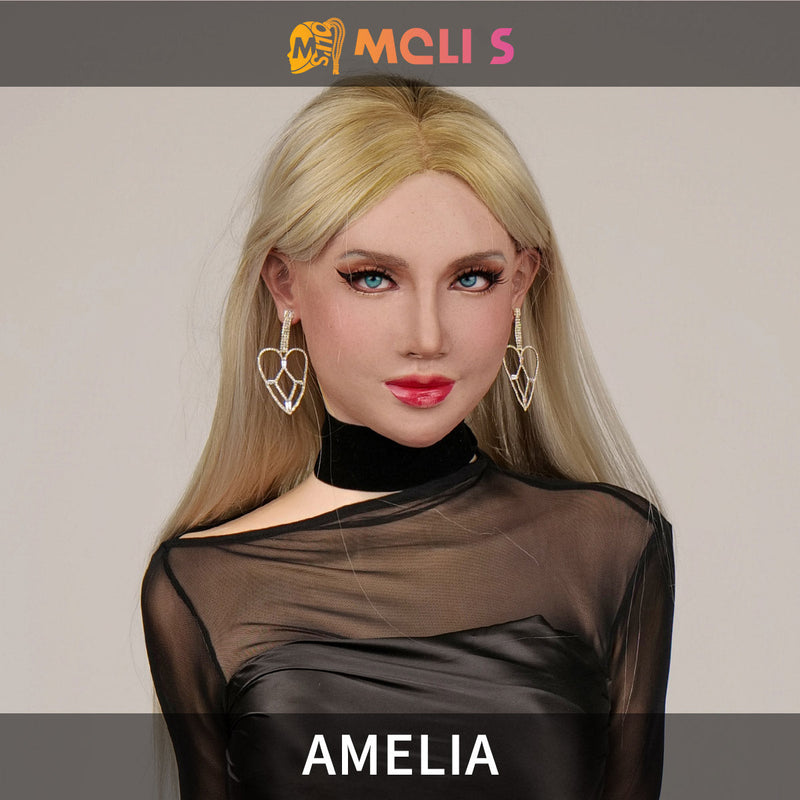 Close-up of the Amelia silicone female mask by InTheMask by MOLIS, featuring realistic skin texture and detailed facial features.