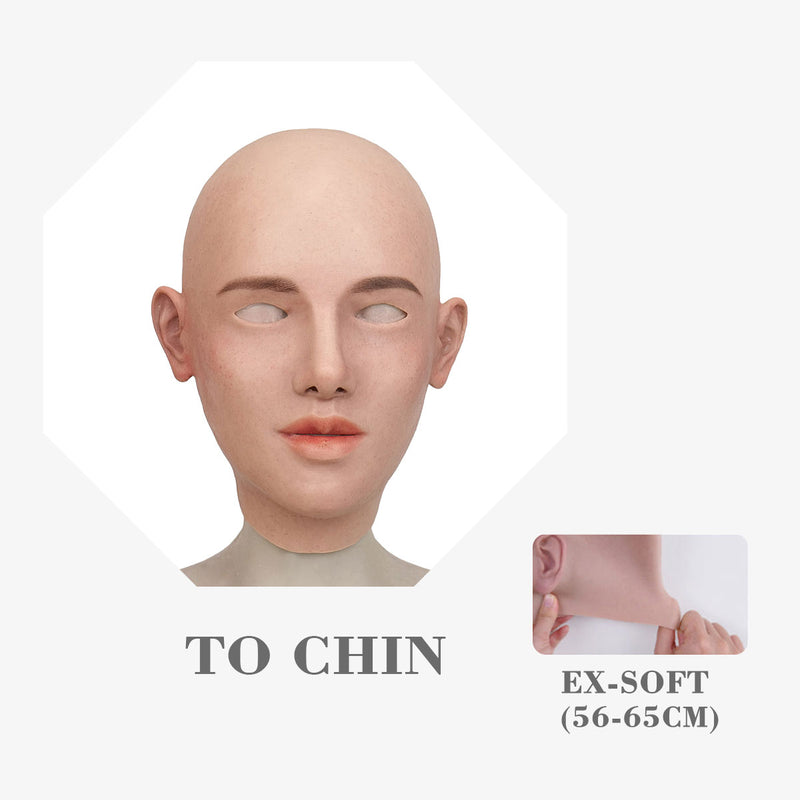 Silicone female mask named Amelia by MoliFX, featuring realistic facial details, black hair, and lifelike skin texture.