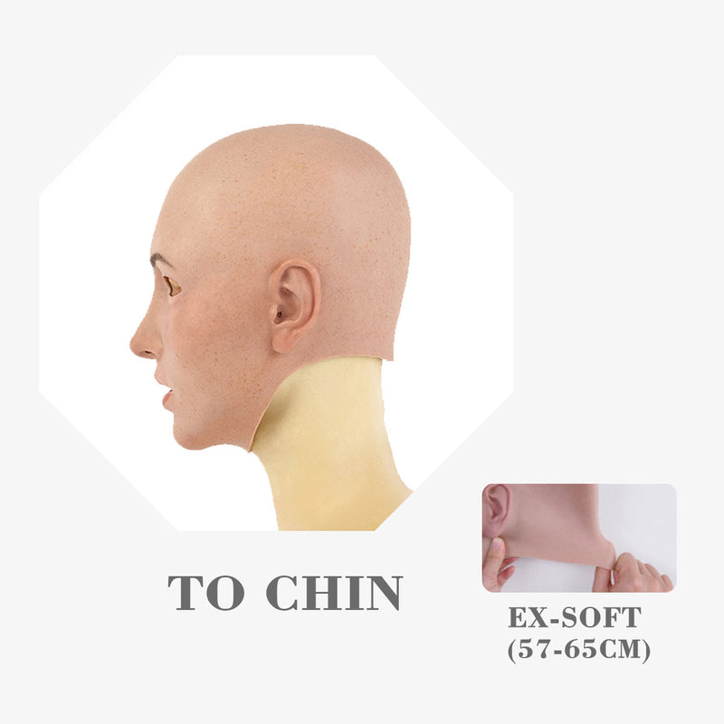 Detailed side view of MoliFX Molly2 Kafka SFX silicone female mask by Inthemask, showing realistic facial features and makeup details.