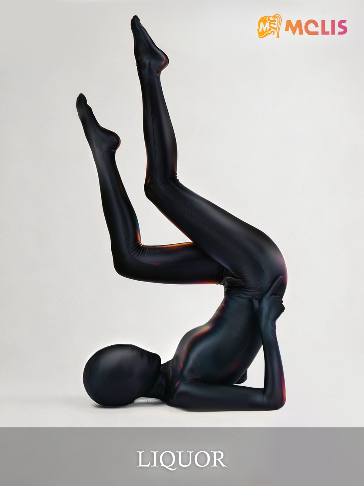 Dark glossy high-shine full catsuit zentai by Molis Zentai, sleek black InTheMask costume with a smooth, reflective finish.