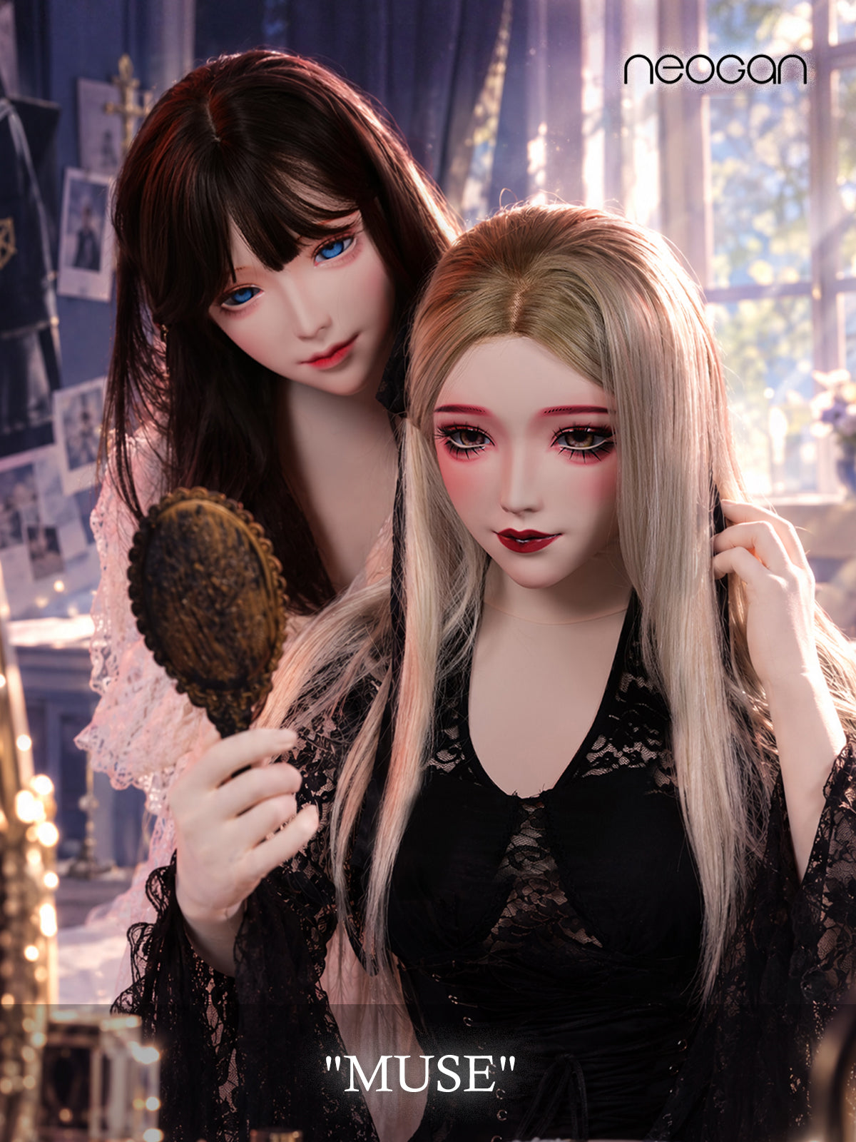 Close-up of the "Muse" Ear Locks Doll Mask by BlacKCat, featuring detailed black and white doll face design with ear lock details.