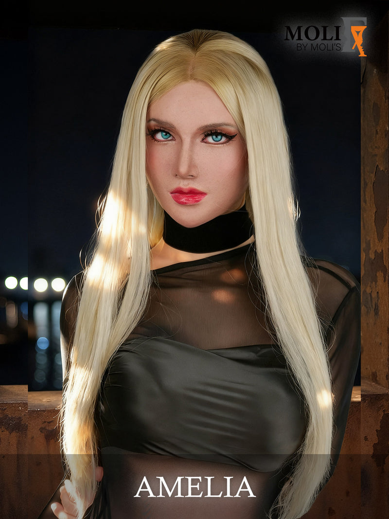 Silicone female mask named "Amelia" by InTheMask by MOLIS, featuring realistic skin texture and detailed facial features.