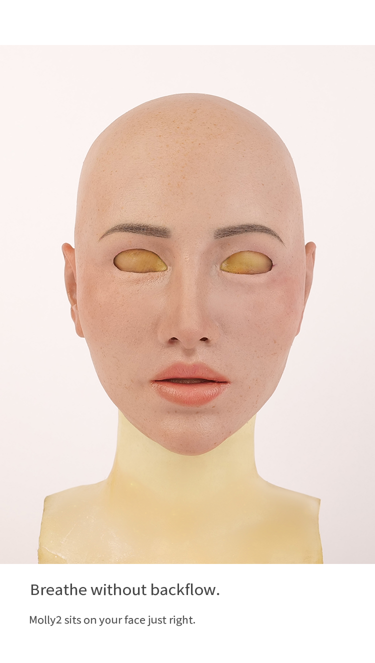 Silicone female mask from MoliFX Molly2 series by Inthemask, featuring realistic facial details, fair skin tone, chin to shoulders.