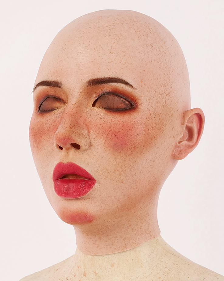 MoliFX Molly S Tan Style Silicone Female Mask with makeup, no eyebrows, chin coverage, fitting 53-59cm, by Inthemask.