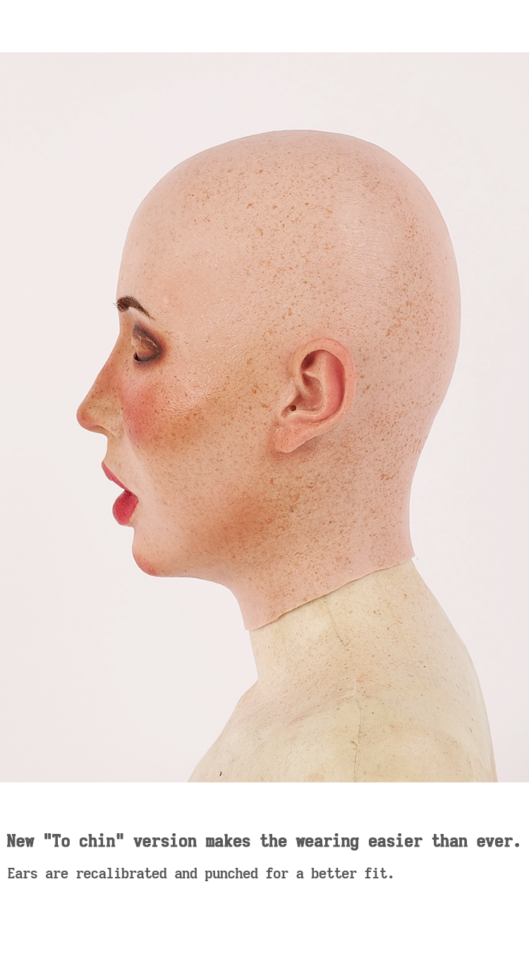 MoliFX Molly S Tan Style Silicone Female Makeup Mask with no eyebrows, chin coverage, adjustable size 53-59cm, by Inthemask.