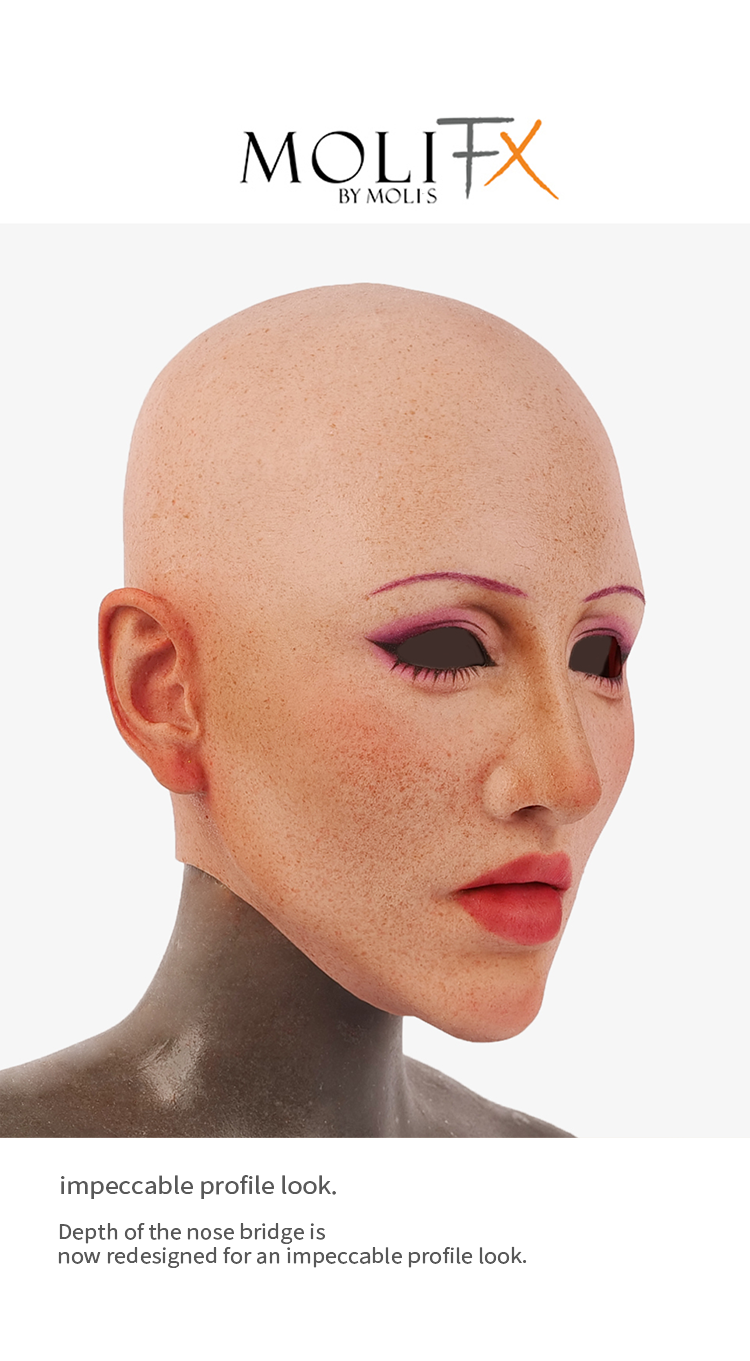 MoliFX Molly2 Kafka SFX silicone female mask by Inthemask, mild tan with collarbones, no eyebrows, realistic facial features.