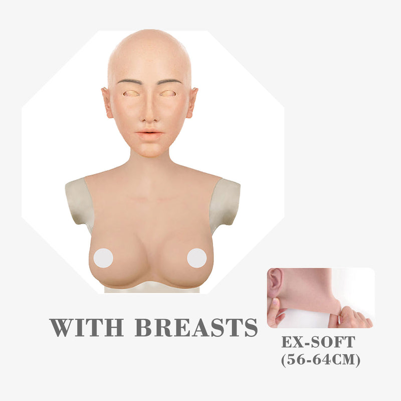 MoliFX Linglong LL06 Oriental beauty female mask with breasts, featuring detailed facial features and C cup chest, realistic makeup.